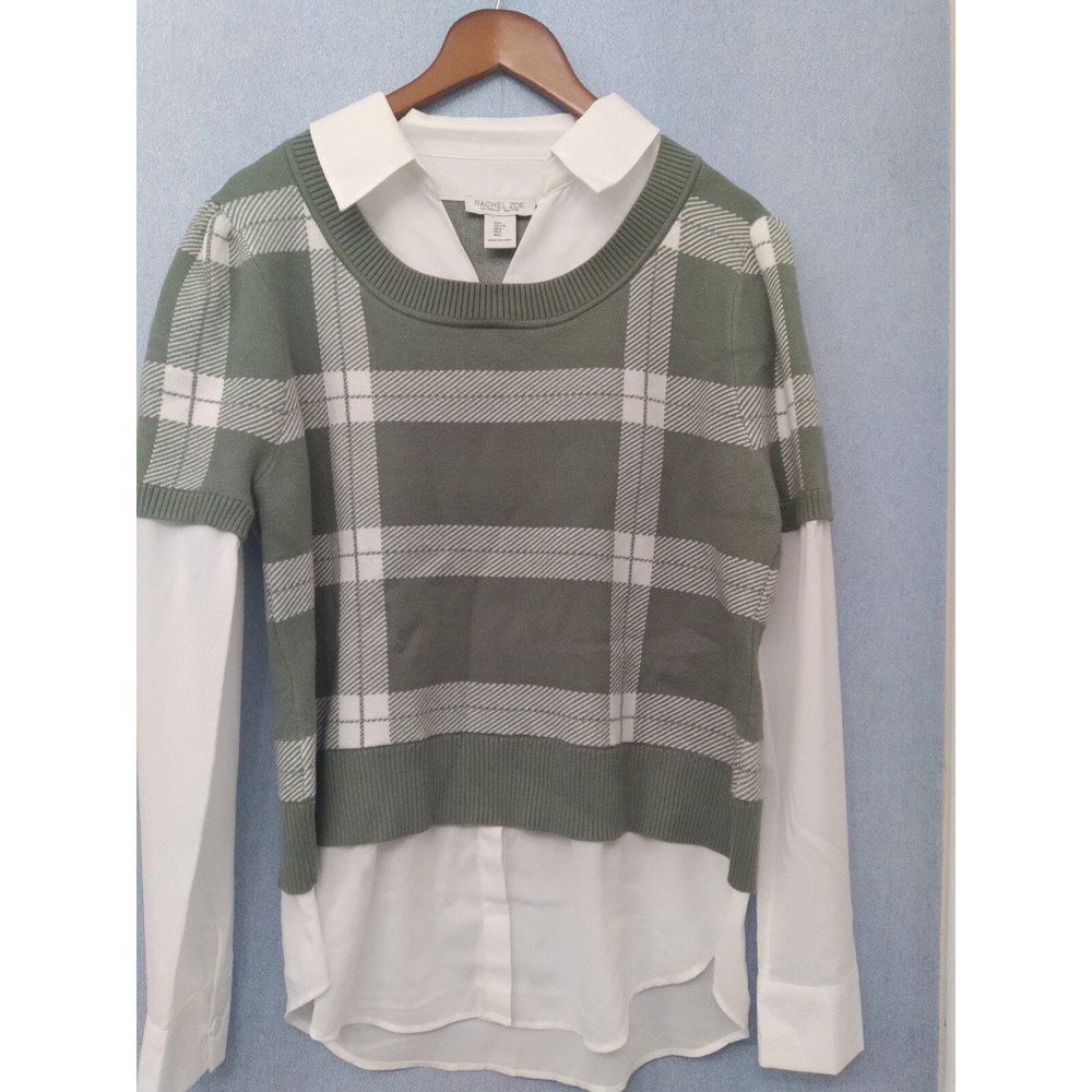 Rachel Roy Layered Look Plaid Sweater Top Long Sleeve Olive Green Size S‎